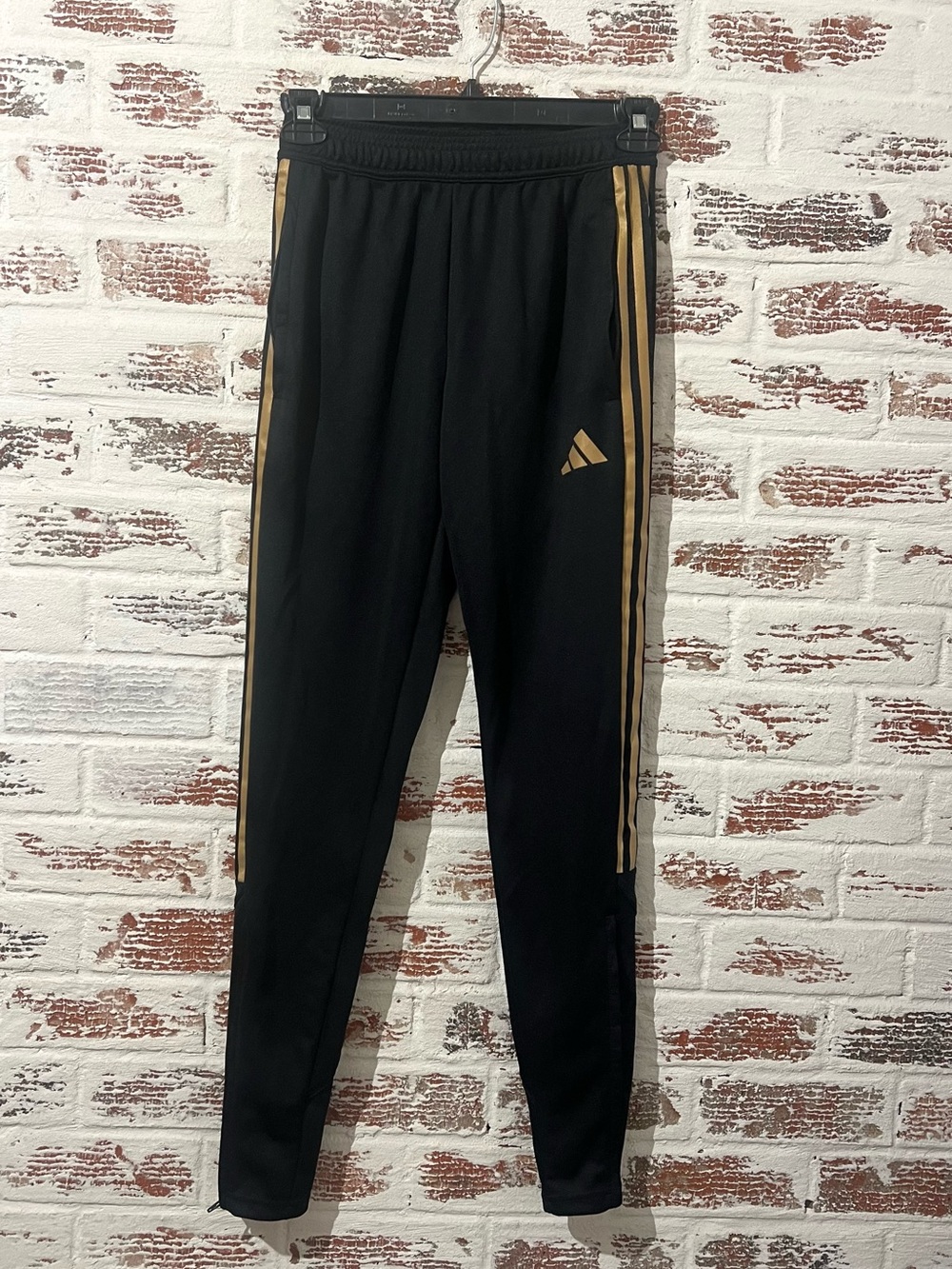 Adidas Track Pants Mens Small Black Gold 3-Stripe Zipper Ankle Leg Training